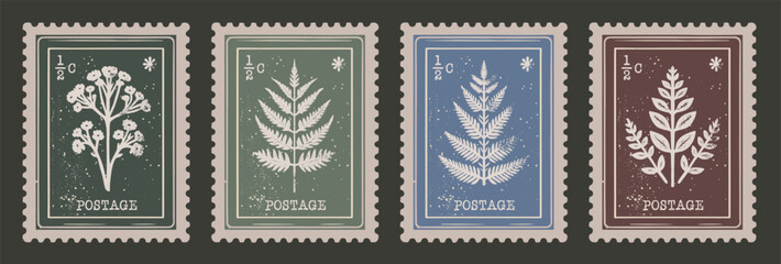 Retro Floral Postage Stamp Collection. Set of Vintage Scrapbooking Post Mail Elements
