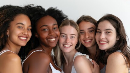 Skincare, diversity and women hug portrait for inclusivity, happiness and healthy skin texture.