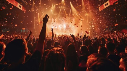 A wide-angle shot capturing the electrifying atmosphere of a live music festival inside an indoor...