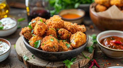 A bowl filled with fried food, including savory chicken nuggets and spicy dip, sits atop a rustic wooden table