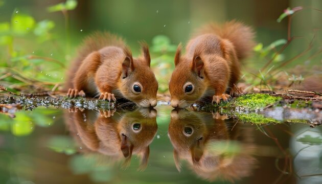 Two baby squirrels drinking water from a pond by AI generated image