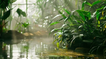 Selbstklebende Fototapeten Misty water refuge The low light and blurred edges of this indoor water garden give the illusion of a misty oasis. The tranquil pond and verdant plants soothe the soul and invite peaceful . © Justlight