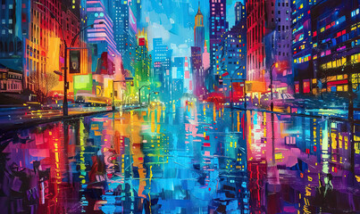 Vibrant Cityscape Reflection Painting.Generate AI