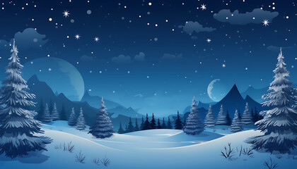 Enchanting night-time Christmas illustration with snow-covered trees, mountains, and a starry sky. Generative AI