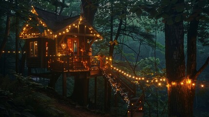 Fototapeta premium A romantic retreat in the midst of a serene forest complete with a cozy treehouse lit up by flickering candles and a crackling fire pit. 2d flat cartoon.