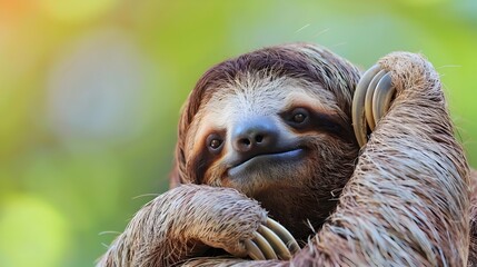Naklejka premium Relaxed Sloth Hanging Peacefully on Tree Branch in Lush Tropical Forest
