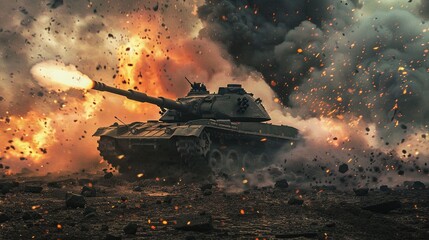 a tank shooting on the battlefield, tank battle in war