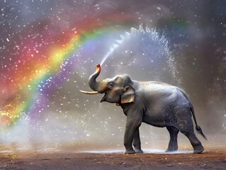 Elephant Spraying Water to Create Dazzling Rainbow in Enchanting Landscape