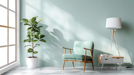 Indoor plant decorates cabinet beside green wooden armchair in modern flat interior with lamp, providing ample copy space for text or logo placement.