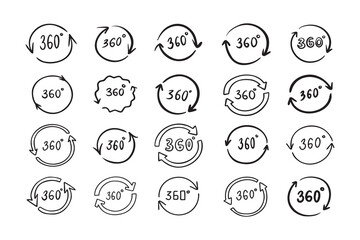 Doodle 360 degree. Hand drawn outline style set