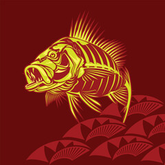Fish bone icons, fishbone north west native americans style fish jumping in the water - Fish skeleton - ferocious sea fish - red colour