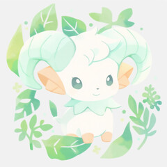 Cute Sheep in Green Tropical Leaves. Illustration of Ram in Pastel Colors. Aries Isolated on White Background.