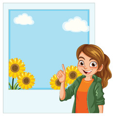 Cheerful young girl pointing at vibrant sunflowers.