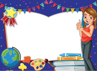 Cheerful teacher with educational tools and decorations.