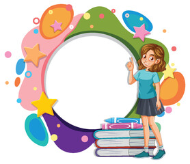 Young girl standing by books with vibrant frame.
