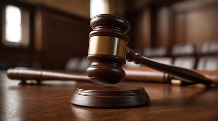 A visual concept of featuring a gavel hammer in a courtroom, symbolizing the essence of law and authority, selective focus, brown
