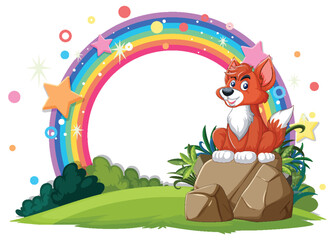 Cartoon fox sitting under a vibrant rainbow.