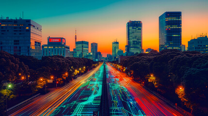 Fototapeta premium Dynamic city traffic at night. capturing the vibrant energy and movement of urban life and transportation systems