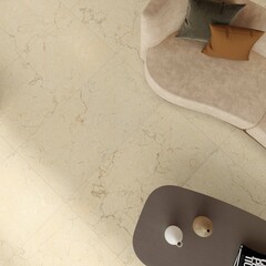 Living room interior with beige marble on floor. There is a large horizontal poster on the wall, brown wooden coffee table, sofa set with colored cushion. 3D Rendering