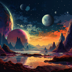 A Surface of Planet with Mountains. Fantasy Landscape. Different Planets in the Galaxy.