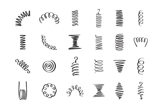 Drawing spiral set. Hand drawn Metal coil spiral icons. Doodle flexible coils, wire spring symbols 