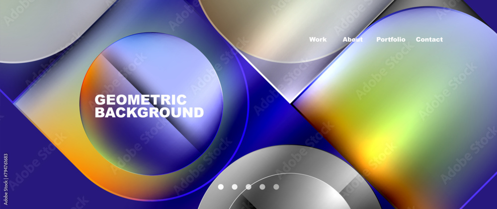 Poster An electric blue geometric background featuring circles resembling automotive tires and squares, creating a symmetrical pattern. The design is reminiscent of macro photography with a liquidlike font