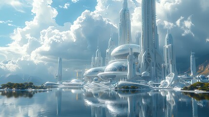 Delve into the world of virtual architecture with a panoramic shot of a digital cityscape, where sleek skyscrapers and futuristic landmarks stand as monuments to human ingenuity and imagination. - obrazy, fototapety, plakaty