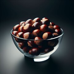 Glass bowl chestnuts on black surface with dark background