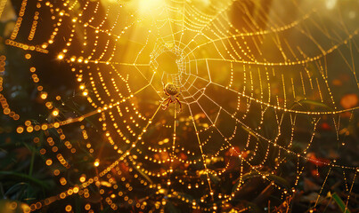 Dew-Kissed Spider Web at Sunrise. Generate AI