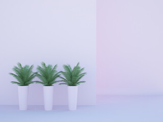 Abstrakcyjne różowe pomieszczenie z donicami z palmami