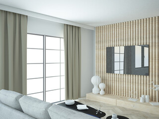 Nowoczesne  minimalistyczne wnętrze aranżacja salonu pokoju dziennego z oknem tarasowym i zasłonami