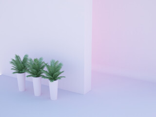 Abstrakcyjne różowe pomieszczenie z donicami z palmami