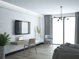 Nowoczesne  minimalistyczne wnętrze aranżacja sypialni z oknem tarasowym i zasłonami - obrazy, fototapety, plakaty
