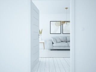 Fototapeta na wymiar Mały biały przytulny elegancki pokój salon z ozdobną lampą zwisającą wygodną dużą sofą i wystrojem boho