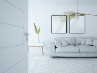 Mały biały przytulny elegancki pokój salon z ozdobną lampą zwisającą wygodną dużą sofą i wystrojem boho