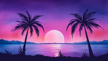 Fototapeta na wymiar sunset on the beach tree national landscape evening minimalist watercolor illustration of monolith
