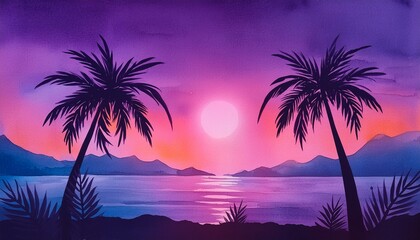 palm trees at sunset, minimalist watercolor  illustration of monolith