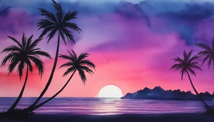 Fototapeta na wymiar sunset over the sea, minimalist watercolor illustration of monolith
