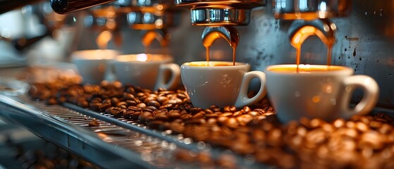 Pulling Espresso Shots: A Visual Blend of Coffee Beans, Cups, and Machine. Concept Coffee Brewing, Espresso Cups, Specialty Coffee, Barista Techniques, Coffee Aesthetics