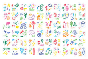Doodle kids color set. Hand drawn simple decorative elements. Various icons, hearts, stars, lines