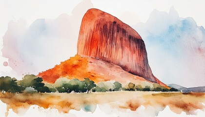 sunset over the mountains, Abstract, minimalist watercolor picture illustration of Uluru monolith