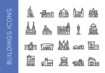 Buildings icons. Set of 20 detailed buildings icons featuring a diverse range of architecture. Examples include Skyscraper, School, Church, Mosque, Factory, Restaurant icons. Vector illustration