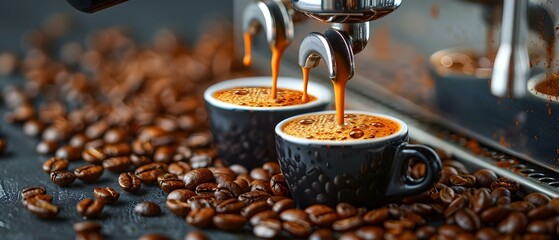 Pulling Espresso Shots: A Scene of Cups Surrounded by Coffee Beans and Machine. Concept Espresso Shots, Coffee Beans, Espresso Machine, Scenes of Cups, Brewing Process