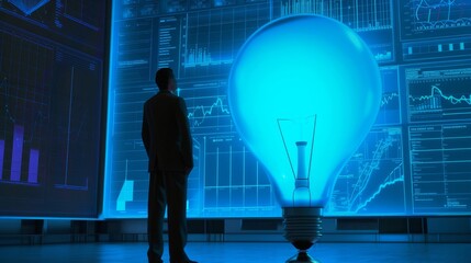 Innovative Thinking: Businessman Examining a Giant Blue Light Bulb