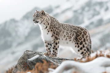 Fototapeta premium snow leopard white irbis on top of a mountain in nature in snowy winter in wild