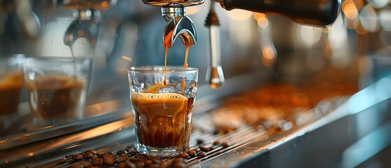 Closeup of espresso shot being extracted in modern cafe setting. Concept Cafe Scene, Espresso Extraction, Modern Aesthetics