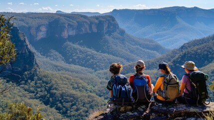 A group of hikers takes a welldeserved break sitting on a cliff edge with backs towards the camera...