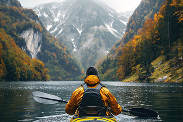 back of a male kayaker kayaking on a lake with a scene of mountains and forest in autumn