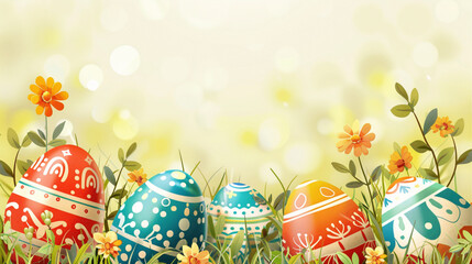 Beautiful and Colourful background with Easter eggs on yellow background. Happy Easter concept. Can be used as poster, background, holiday card.