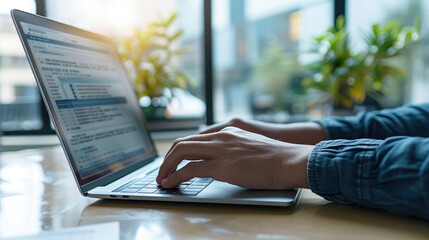 close-up hands of person working typing on laptop computer with various web browser tabs, open windows representing the concept of website functionality, user security and online privacy